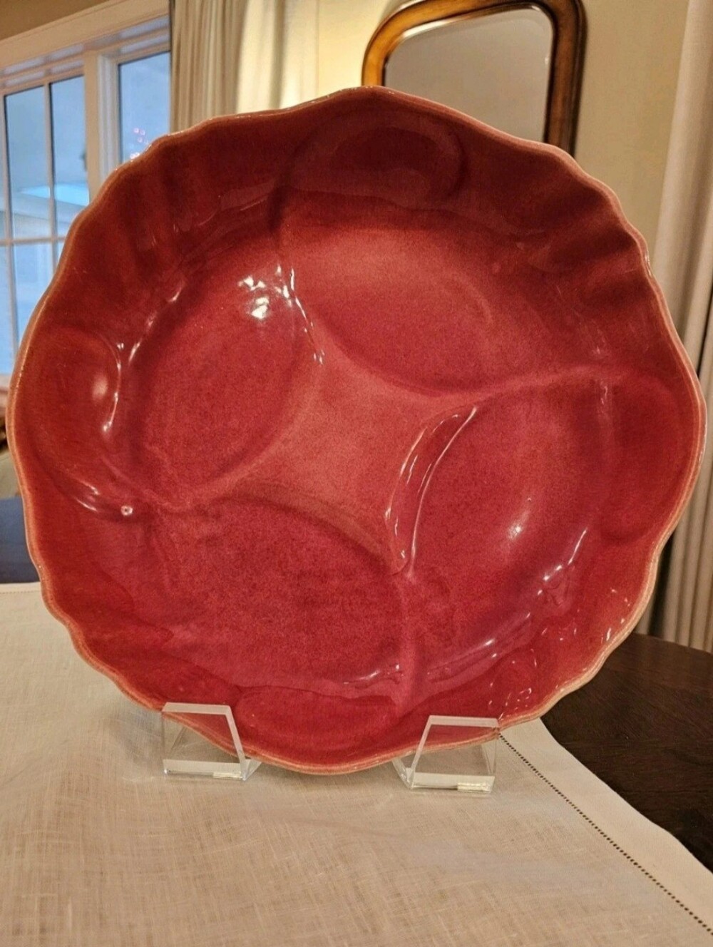 Vintage MCM California Pottery Salmon Pink Swirl Scalloped Round Platter